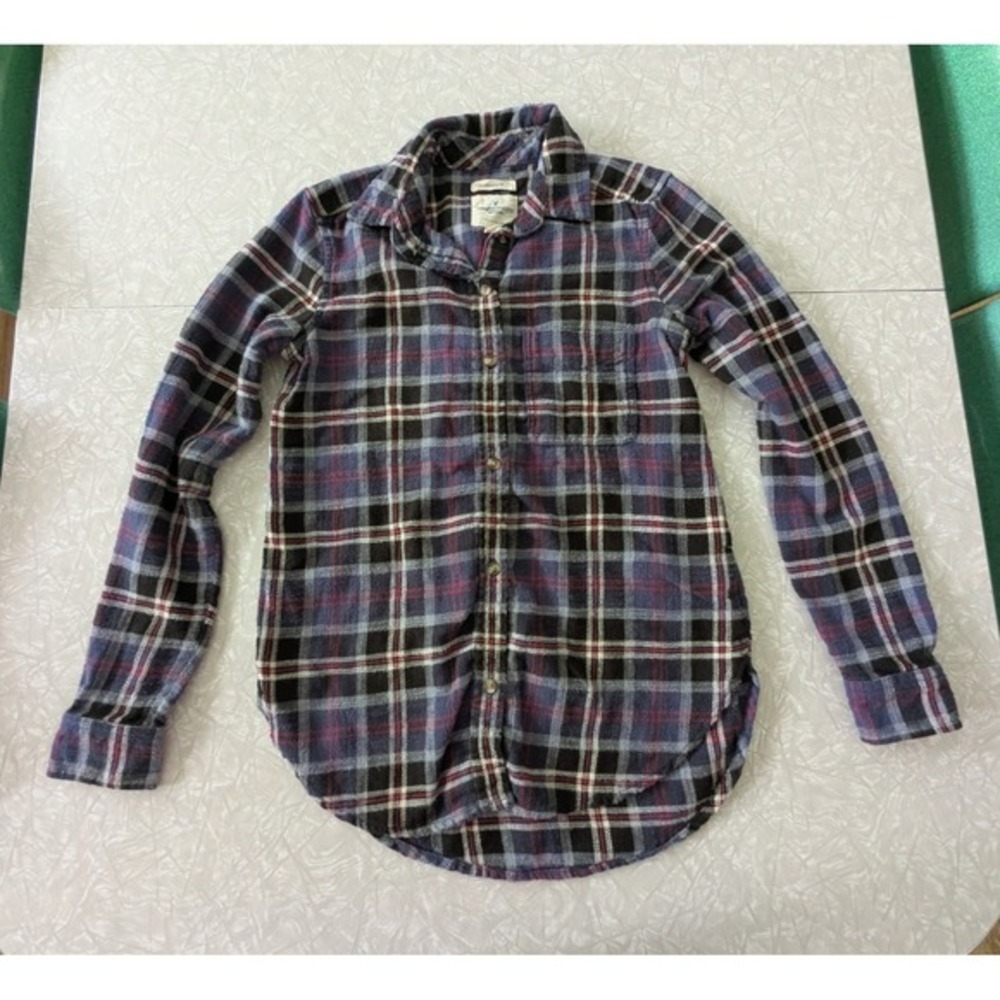 American Eagle XXS Boyfriend Fit‎ Soft Plaid Flannel Button Up Gunge 90s Y2K